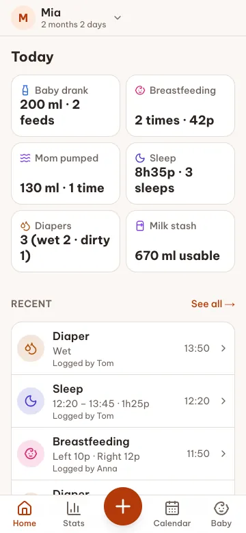 Mẹ Chăm Bé's Today screen: milk the baby drank, breastfeeds, milk pumped, sleep, diapers and the milk stash