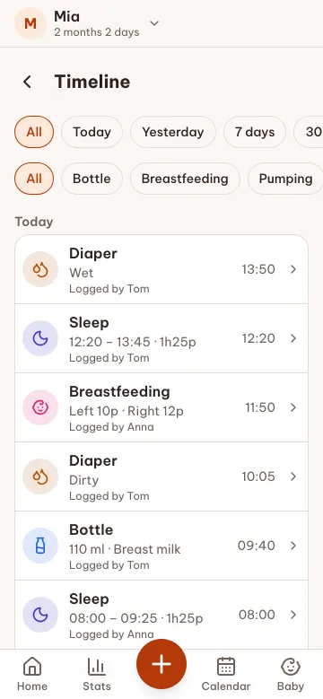 Timeline screen: the day's diapers, bottles, sleep, pumping and breastfeeds, with date and type filters